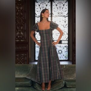 Hill House Navy Plaid Midi Dress with Puff Sleeves